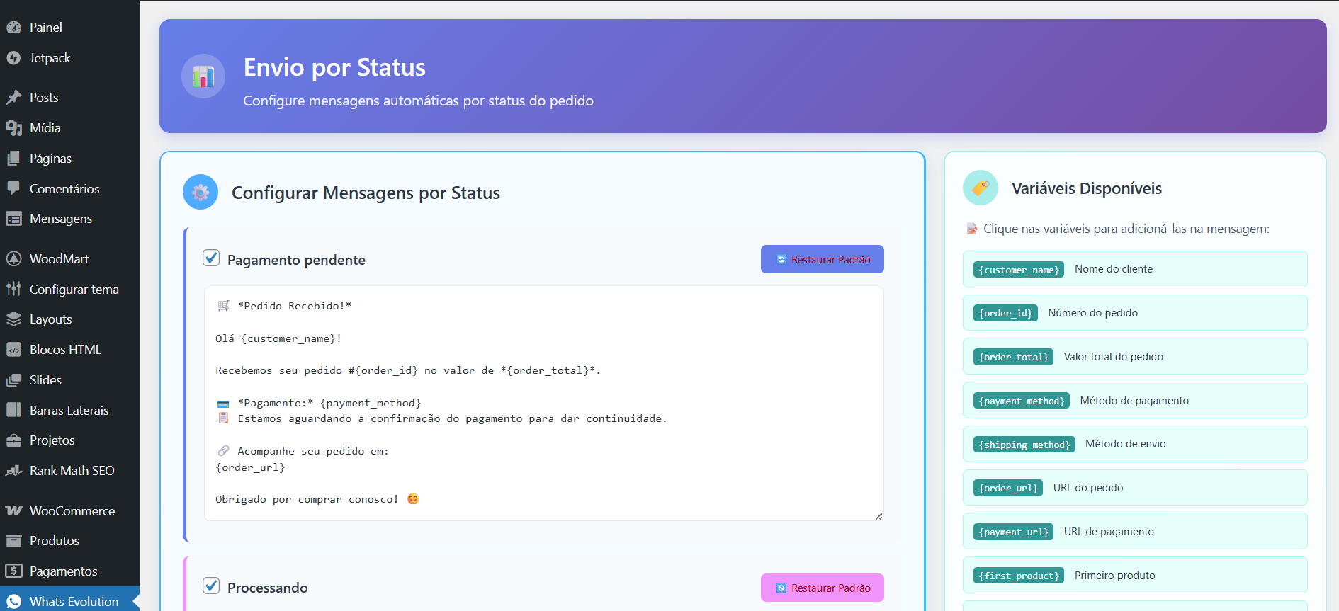 Dashboard do WP WhatsEvolution com todas as funcionalidades